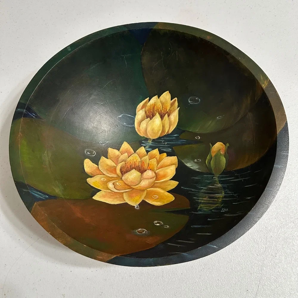 Weston Bowl Hand Painted Water Lily Wooden‎ Bowl Floral Art Vermont Vintage 11